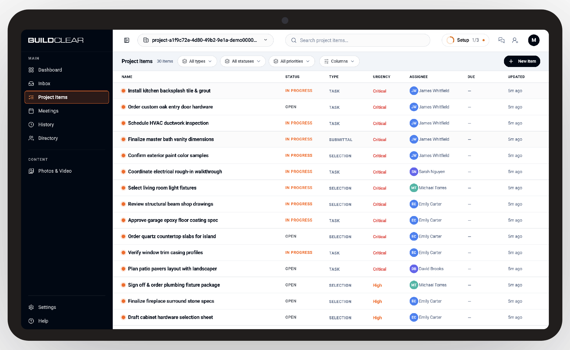 BuildClear project items — tasks, status, urgency and assignees