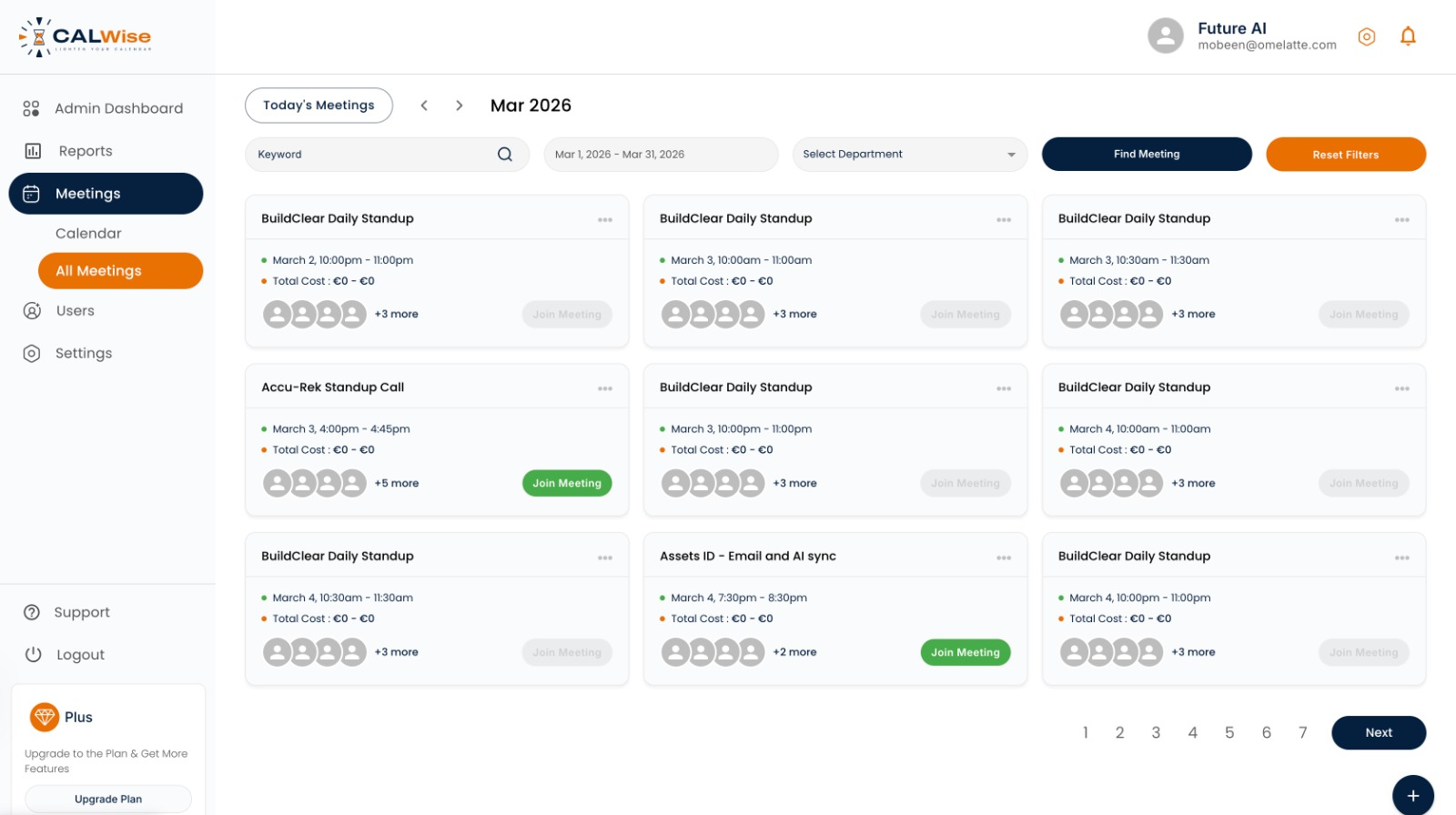CalWise admin dashboard — meetings with attached cost, filtered by department